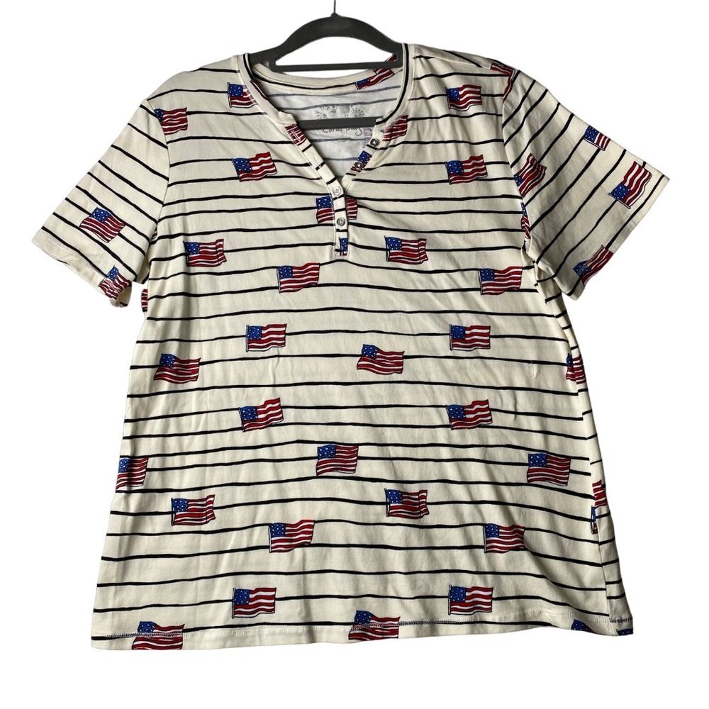 Coral Bay USA Flag Shirt July 4th Women Size Large Cotton Blend Patriotic